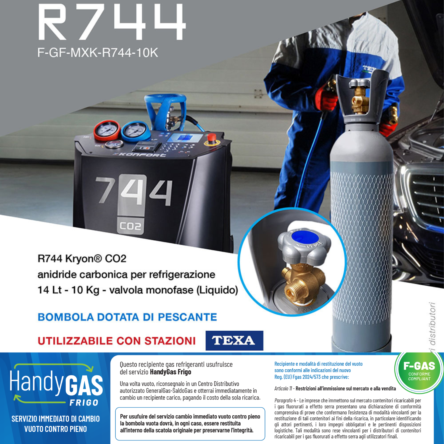 R744 Kryon® (inkl. Zylinder) Autoklimaanlage (CO2 Kohlendioxid-Kühlung für Texa-Tankstellen) - 14 Lt - 10 Kg - mit Tauchrohr und Einphasenventil (flüssig)