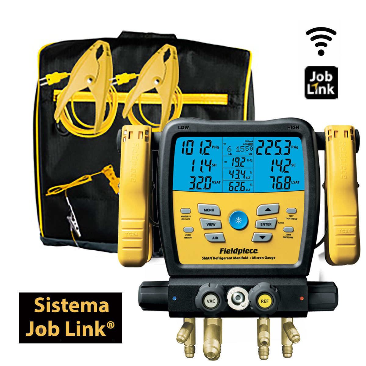 Fieldpiece USA - SM480V INT - Digitale Monteurhilfe SMAN® Manometer und Vakuummeter mit 4 Anschlüssen und Mikrometeranzeige (drahtloses Job Link System) - Kalibrierungsbericht inbegriffen