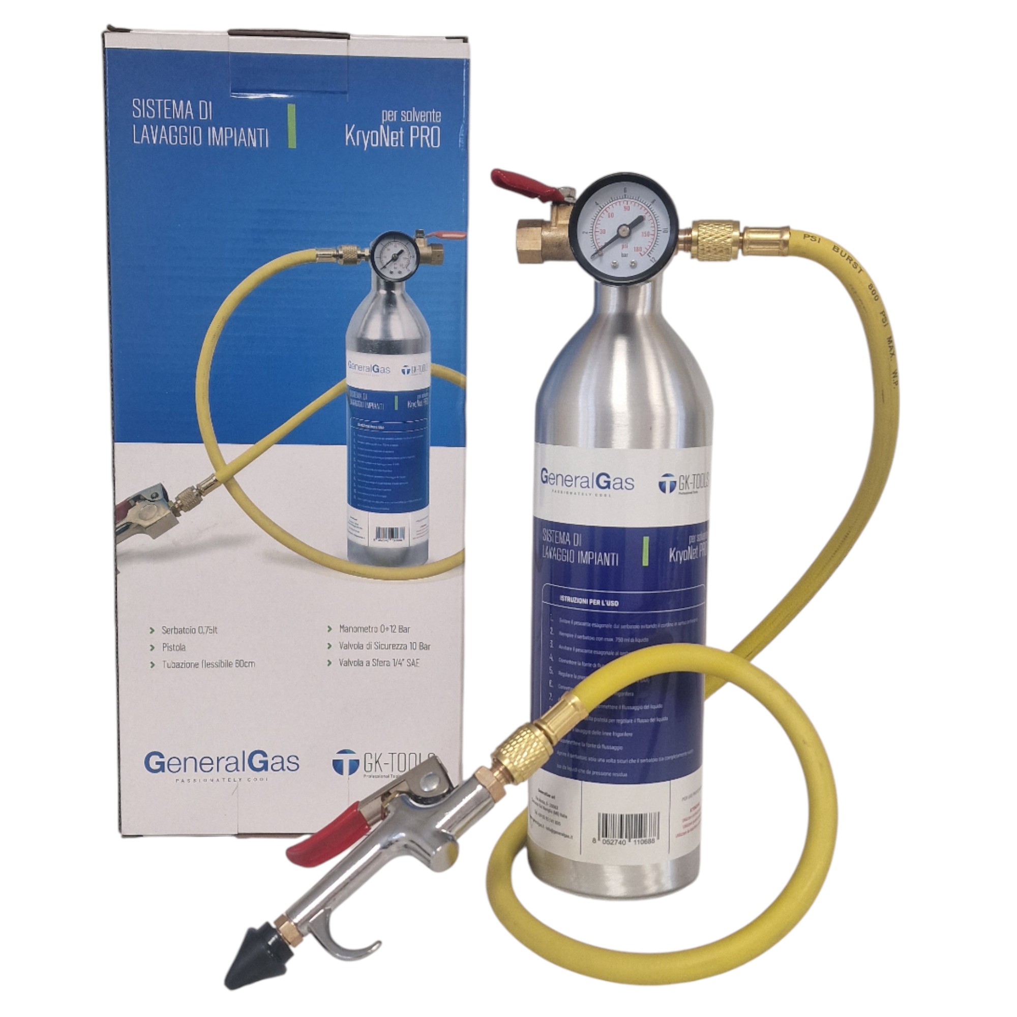 Kälteleitungsspülset, bestehend aus 0,75 l Behälter, Düse, Schlauch, Manometer und Armatur mit Kugelhahn - Packungsgröße 1 Stück