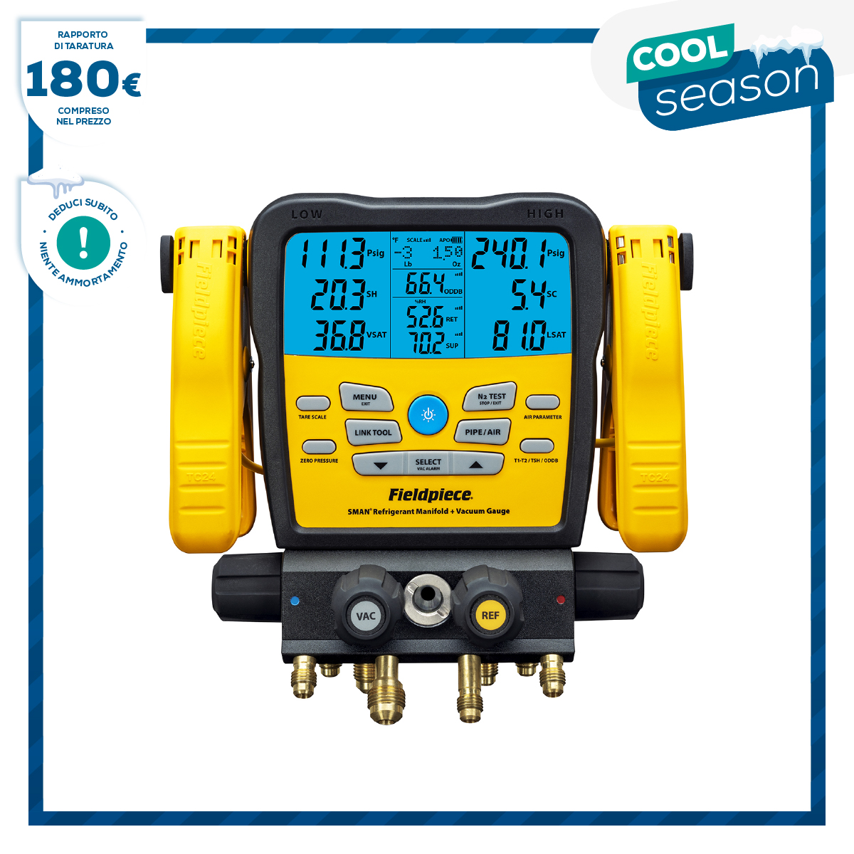 Fieldpiece USA - SM482V INT - SMAN® Kältemittel-Monteurhilfe mit 4 Anschlüssen und integrierter Sonde für Vakuum