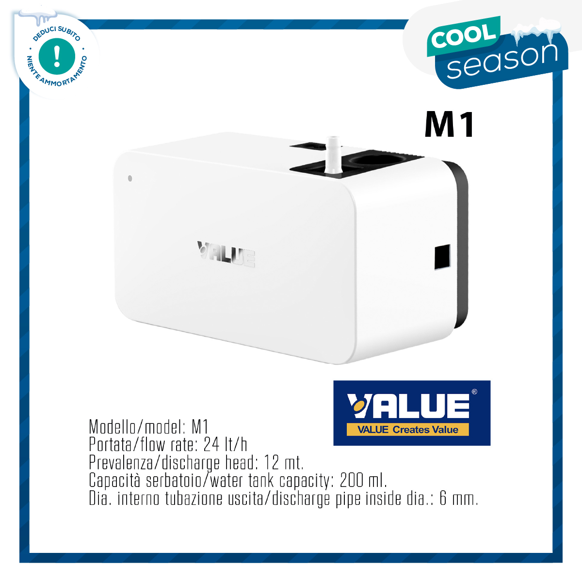 Kondensatpumpe mit 200 ml großem Tank – VALUE M1 – maximale Förderleistung 24 Liter/Stunde, geeignet für Split-Geräte bis 30.000 BTU/Stunde (8,8 kW), kompakt und vielseitig einsetzbar, leise und robust.