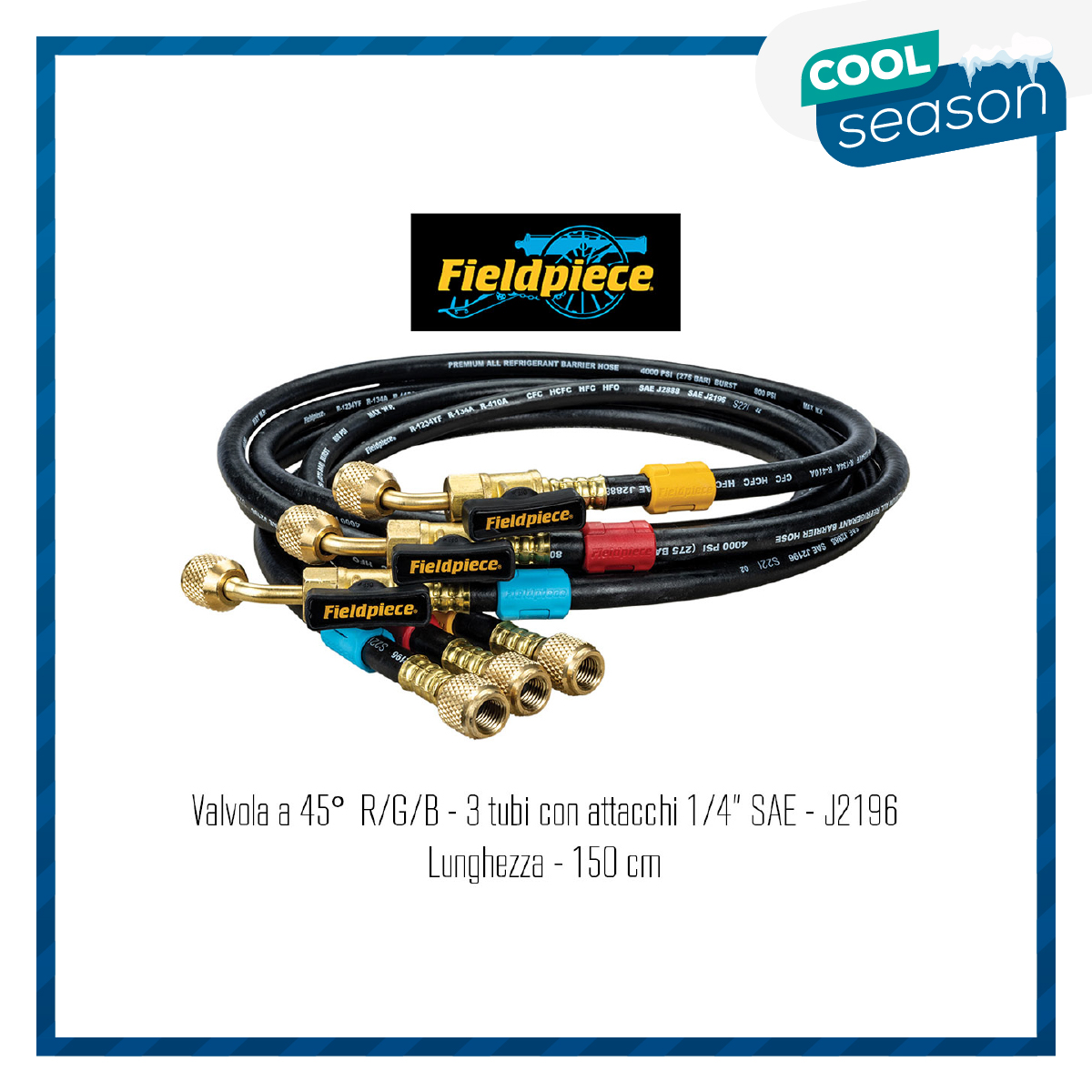 Satz 3 original Fieldpiece Vierschicht-Füllschläuche, mit 45°-Ventil R/G/B - 1/4 SAE-Anschlüsse - J2196 L - 150 cm - Code Fieldpiece HR3B