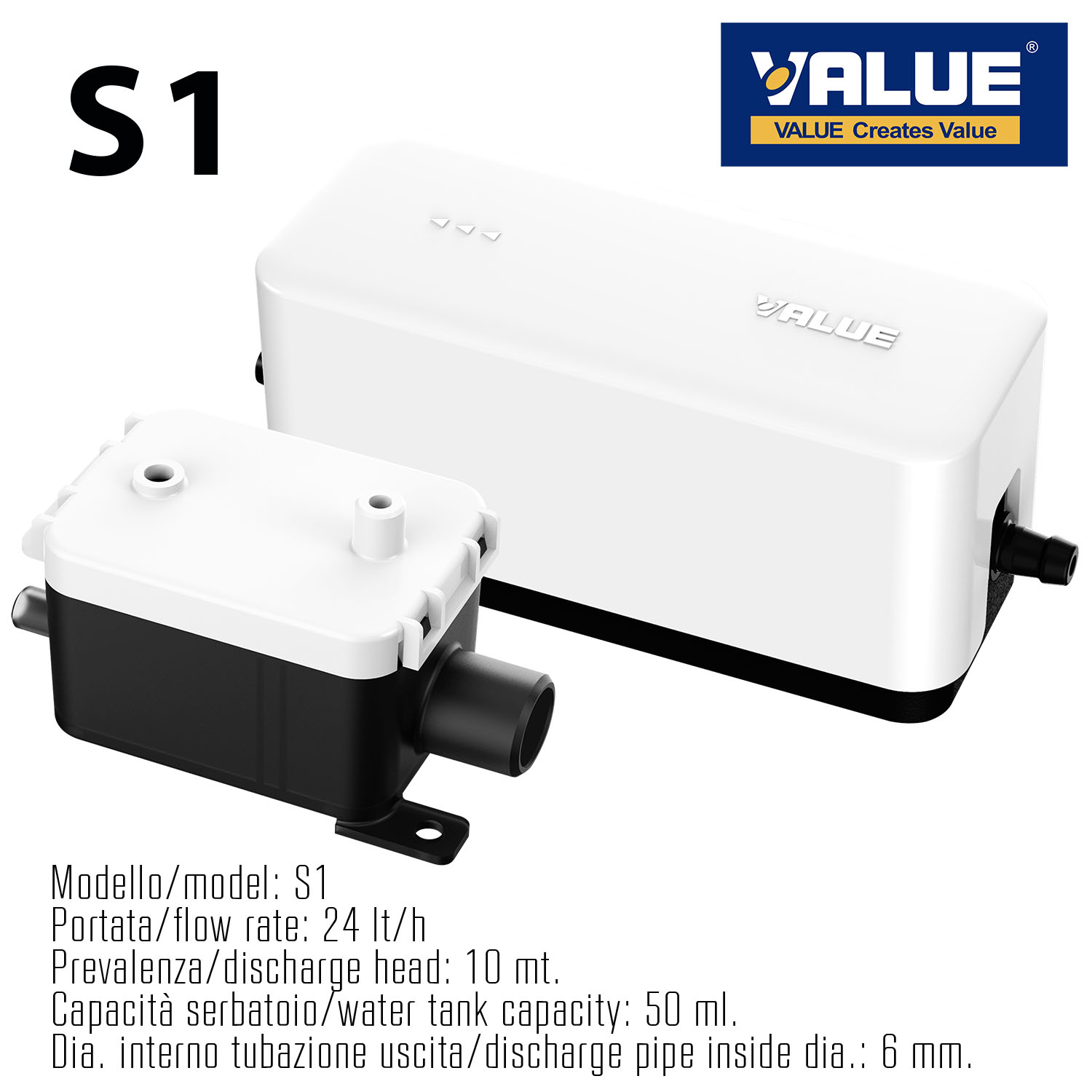 Mini-Slim-Kondensatpumpe VALUE S1 – maximale Förderleistung 24 Liter/Stunde, geeignet für Split-Geräte bis 30.000 BTU/Stunde (8,8 kW), separater 50 ml Tank – kompakt und vielseitig einsetzbar, leise und robust