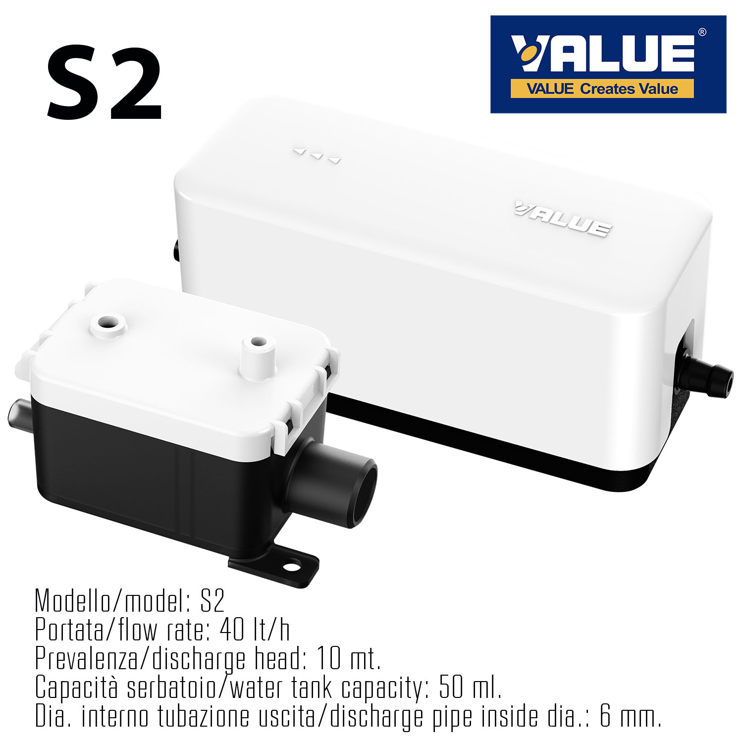 Mini-Slim-Kondensatpumpe VALUE S2 – Förderleistung 40 Liter/Stunde, geeignet für Split-Geräte bis 45.000 BTU/Stunde (13 kW), separater 50 ml Tank – kompakt und vielseitig einsetzbar, leise und robust.