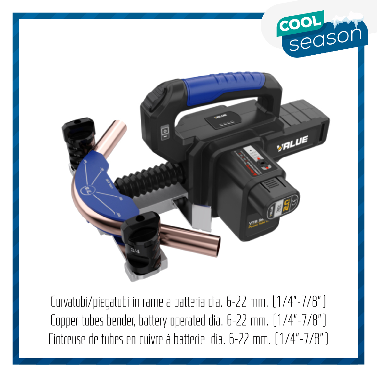 VALUE VTB-22L batteriebetriebener Kupferrohrbieger (HVACR) - für Rohre ¼ (6mm), 5/16 (8mm), 3/8 (10mm), 1/2 (12mm), 5/8 (16mm), 3/4 (19mm), 7/8 (22mm)
