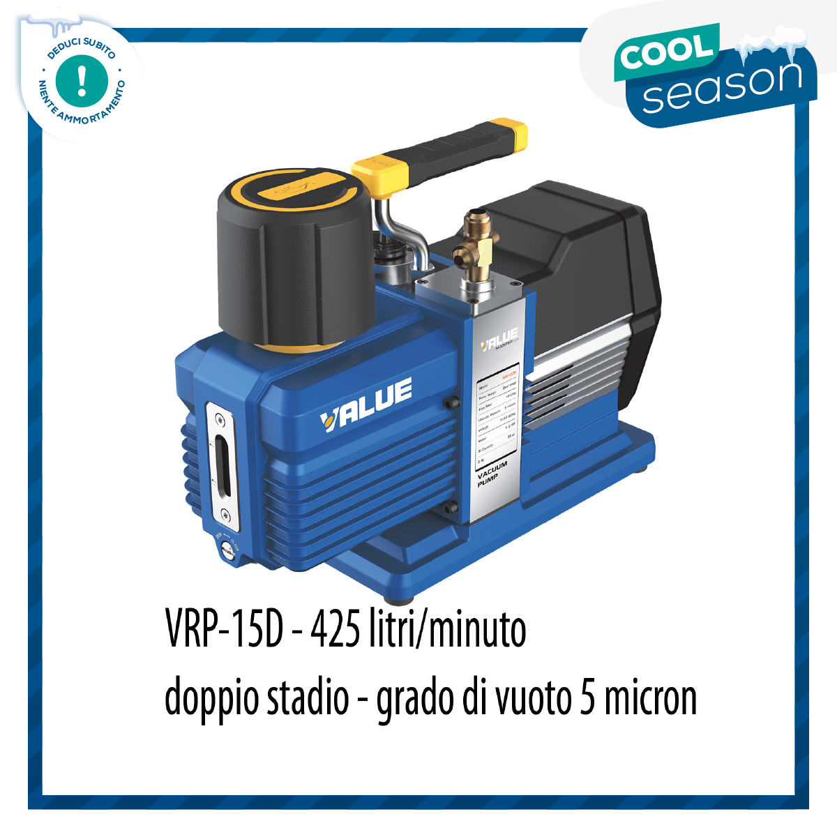 VALUE VRP-15D Vakuumpumpe Fördermenge 425 Liter/Minute, 5 Mikron Vakuum, hohe Leistung, Hochvakuum, zweistufig, 3/4 HP Motor - Vakuumgrad 0,67 x10(-2) mbar - 0,0067 mbar/0,67 Pa/5 Mikron/0,005 Torr