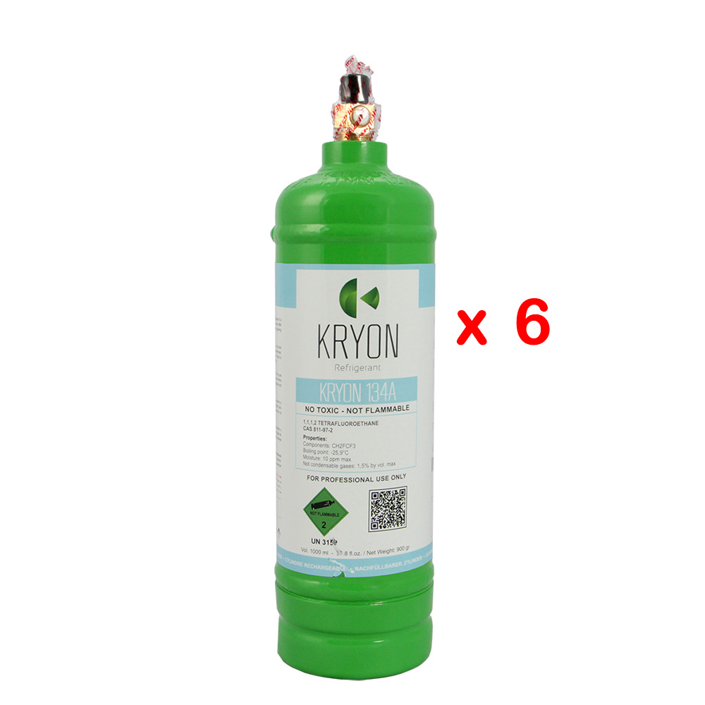 6 x R134a Pack 6 KryoSmart-Flaschen - 1Lt. 0.9 kg. - 48 Bar - Kohlenstoffstahl - Ventil ¼ SAE RH