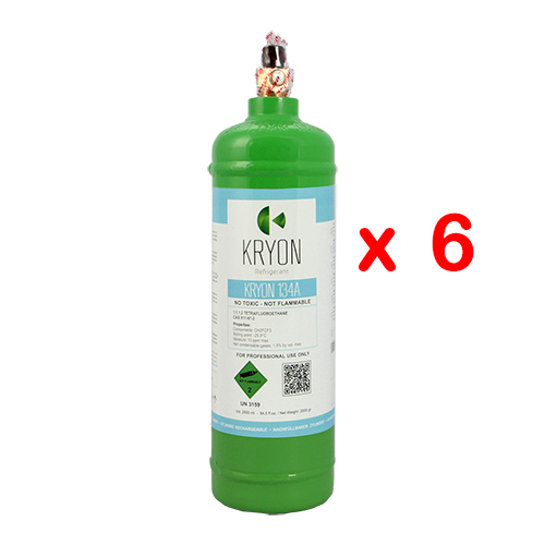 6 x R134a-Packung Nr. 6 KryoSmart R134A-Flaschen - 2.5Lt / 2Kg - 48 Bar - Kohlenstoffstahl - Ventil ¼ SAE RH