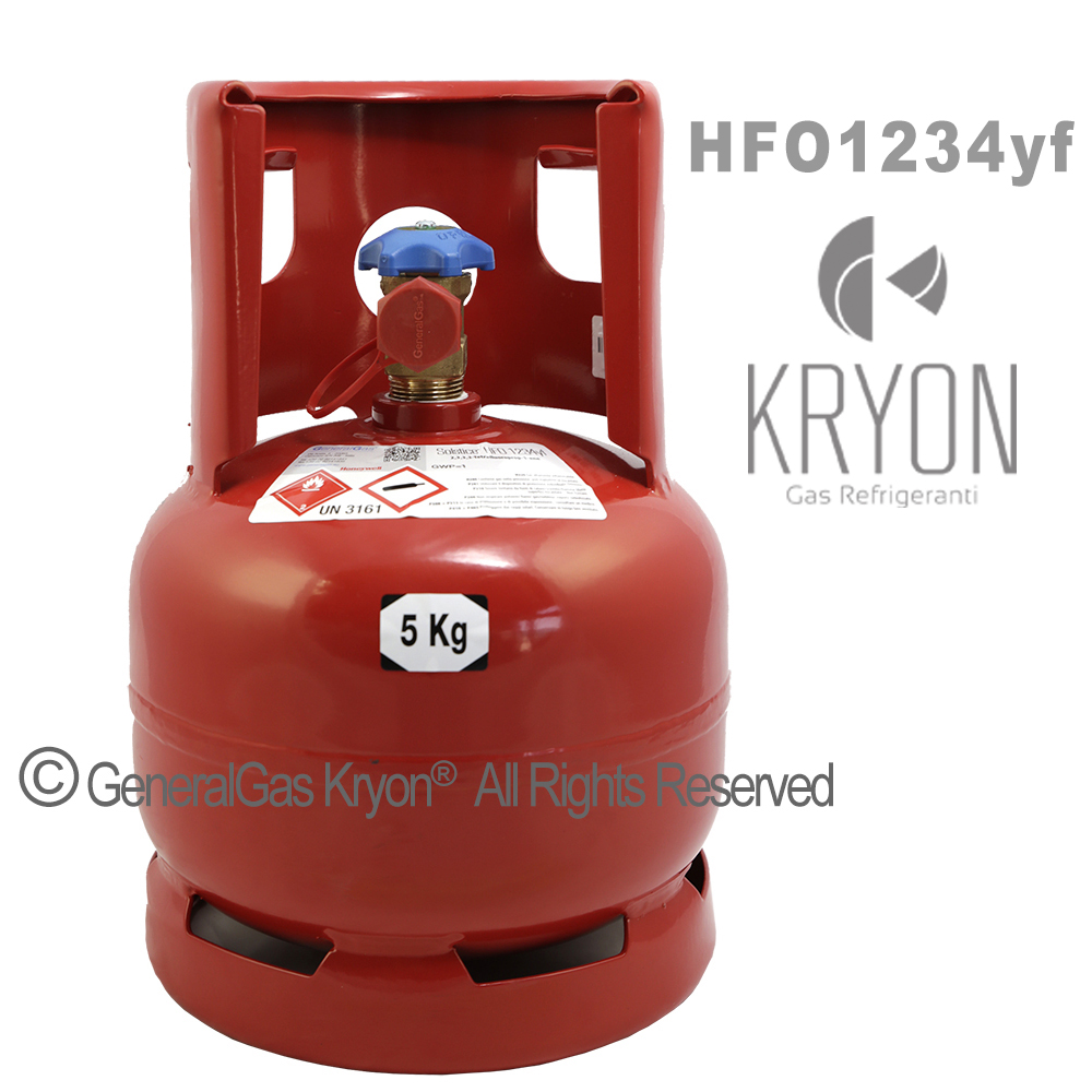 1234yf Kryon® HFO yf in Yield Cylinder 6 Lt / 5 Kg - 42 Bar T-PED - Ventil 21,8 x 1/14 links (HP J2888 Hochdruck-Schnellverschlussadapter nicht enthalten)