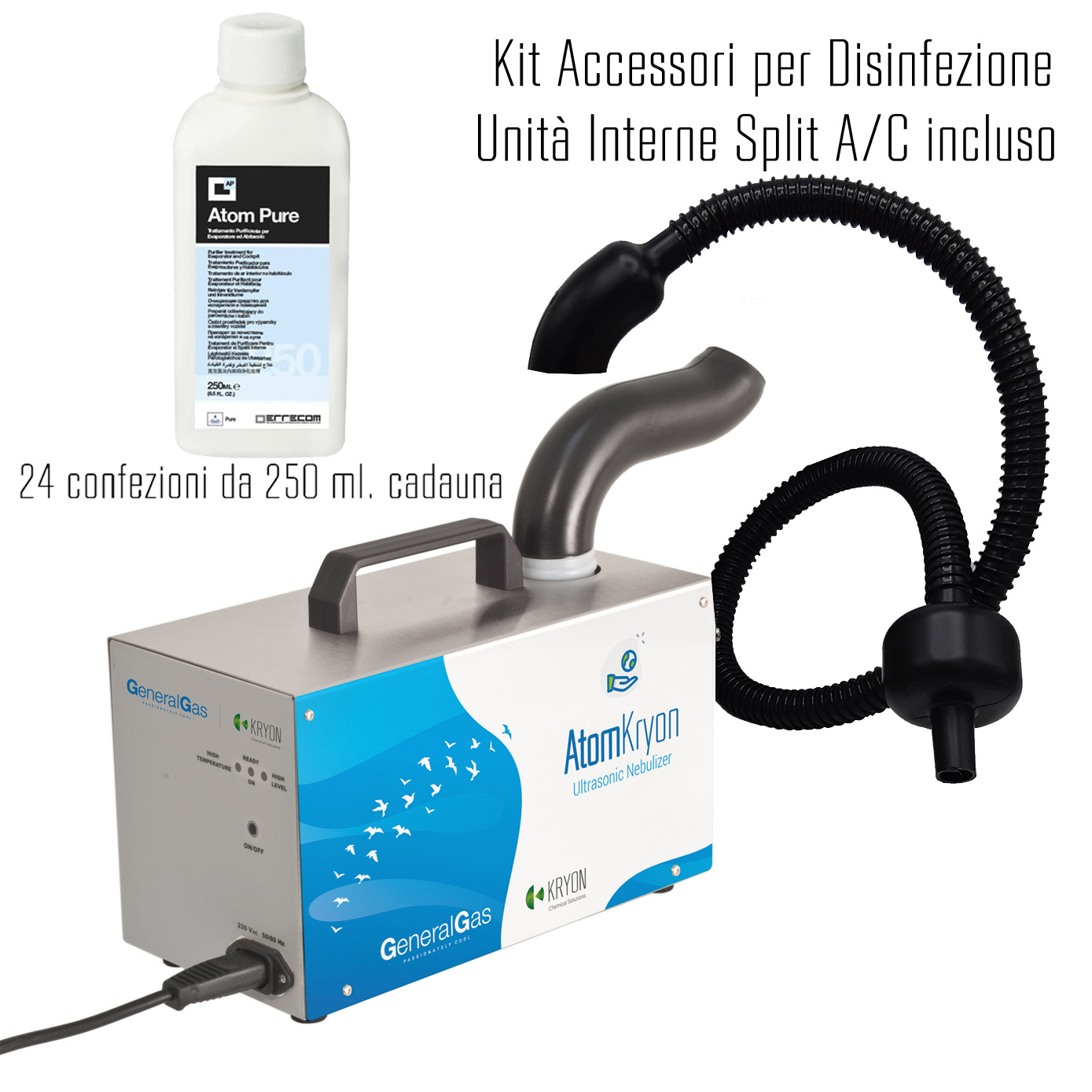 AtomKryon  Nebulizzatore Ultrasonico Professionale per Igienizzazione Ambienti, completo di n° 24 ricariche 250 ml di disinfettante ATOM LIQUID, raccordo girevole, raccoglitore di liquidi e tubo Airflex/N D.20 - L 2,5 mt - Confezione n° 1 pz.