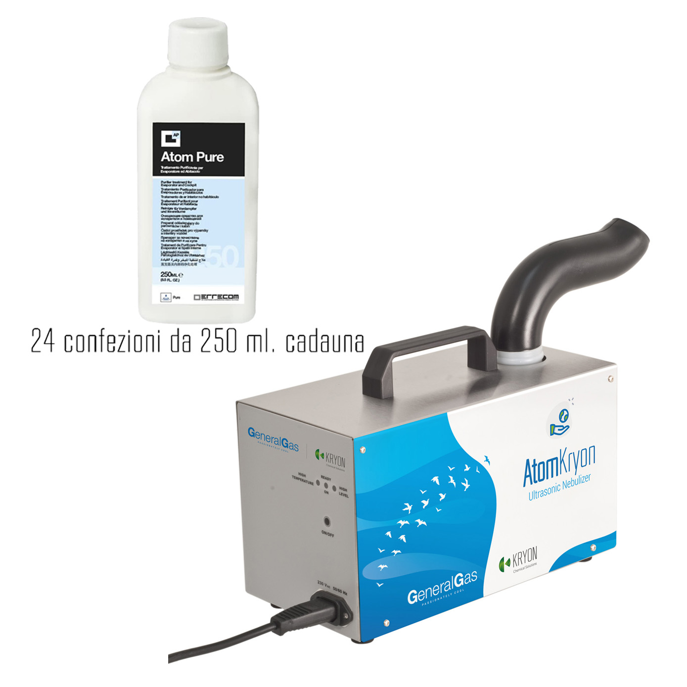 AtomKryon Professional Ultraschallvernebler zur Raumdesinfektion, komplett mit 24 Nachfüllpackungen ATOM LIQUID Desinfektionsmittel 250 ml - Packung Nr. 1 St.