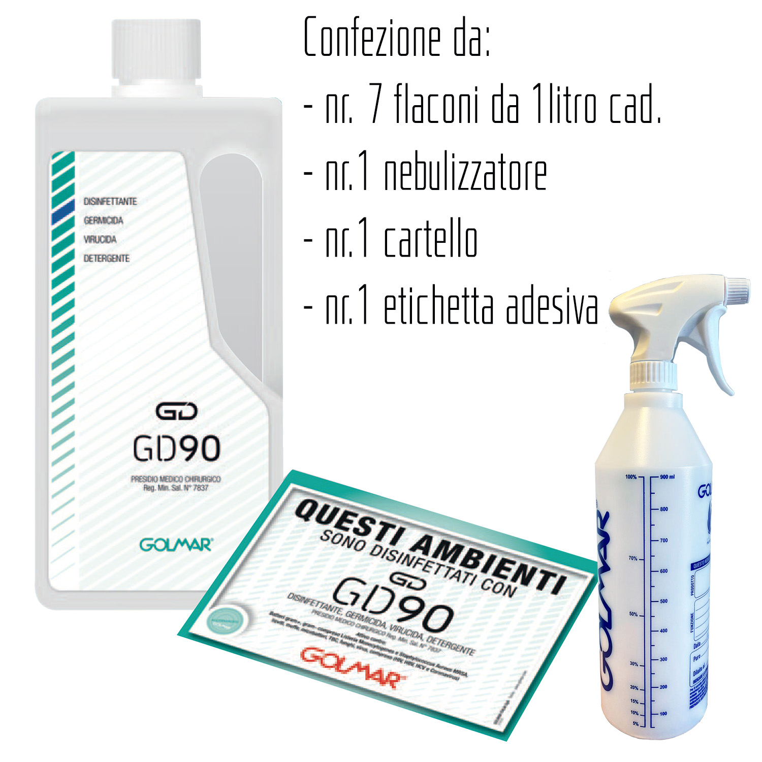 GOLMAR GD90 flüssig 1 Liter - PMC professionelles Breitspektrum-Desinfektionsmittel (viruzid, bakterizid und levurizid) - Packung mit 7 Flaschen à 1 Liter, n.1 Zerstäuber, n.1 Schild n.1 Etikett