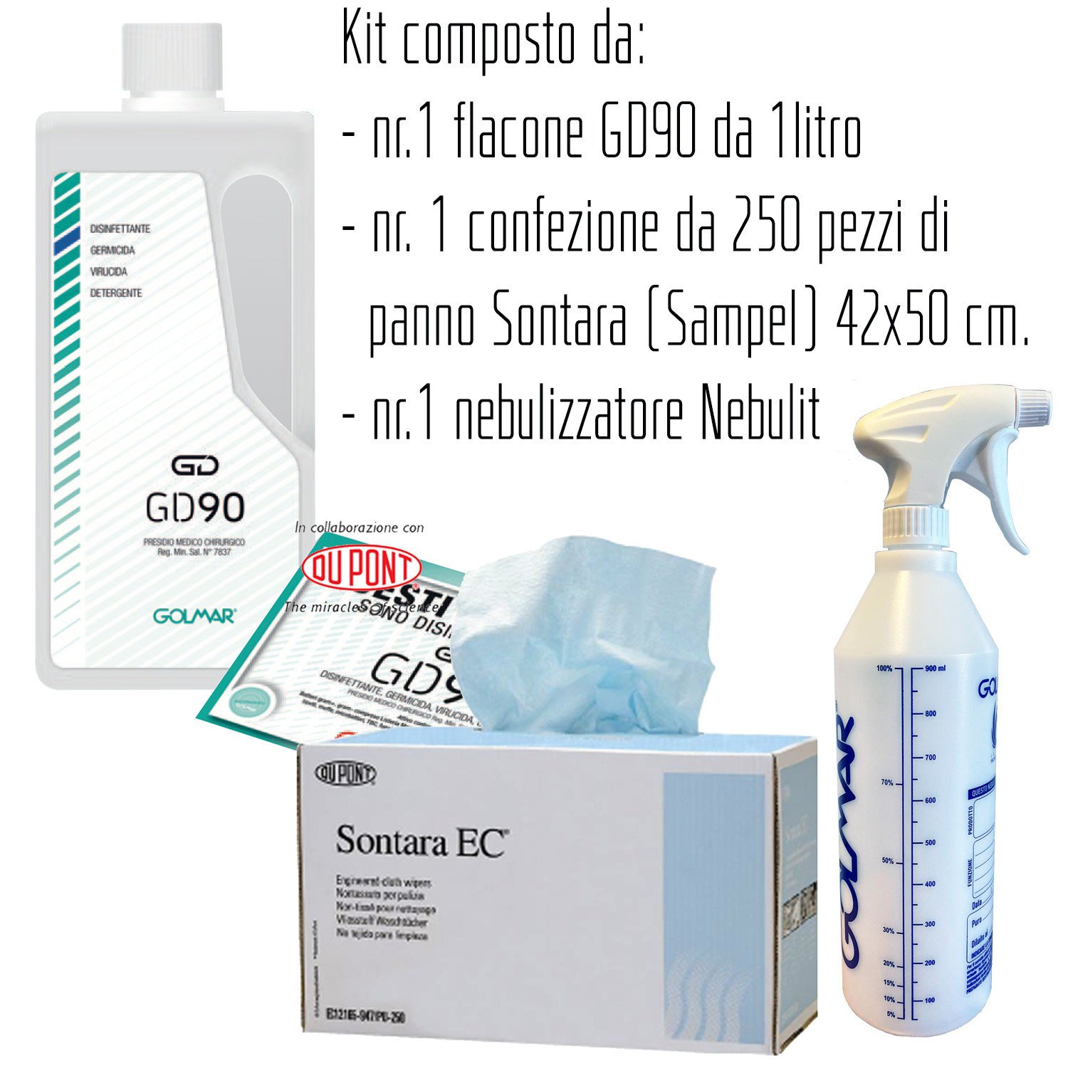 Kit bestehend aus: Nr. 1 Flasche GD90 Liquid 1 lt - professionelles PMC-Desinfektionsmittel mit breitem Wirkungsspektrum (viruzid, bakterizid und levurizid), Nr. 1 NEBULIT - 1 lt Verneblerflasche mit Graduierung - zur Dosierung von GD90 Liquid in 5%iger Verdünnung mit Wasser, Nr. 1 Packung mit 250 Blatt SONTARA EC® LARGE (SAMPEL) 42x50 cm - DUPONT - Hochleistungsvliesstoff