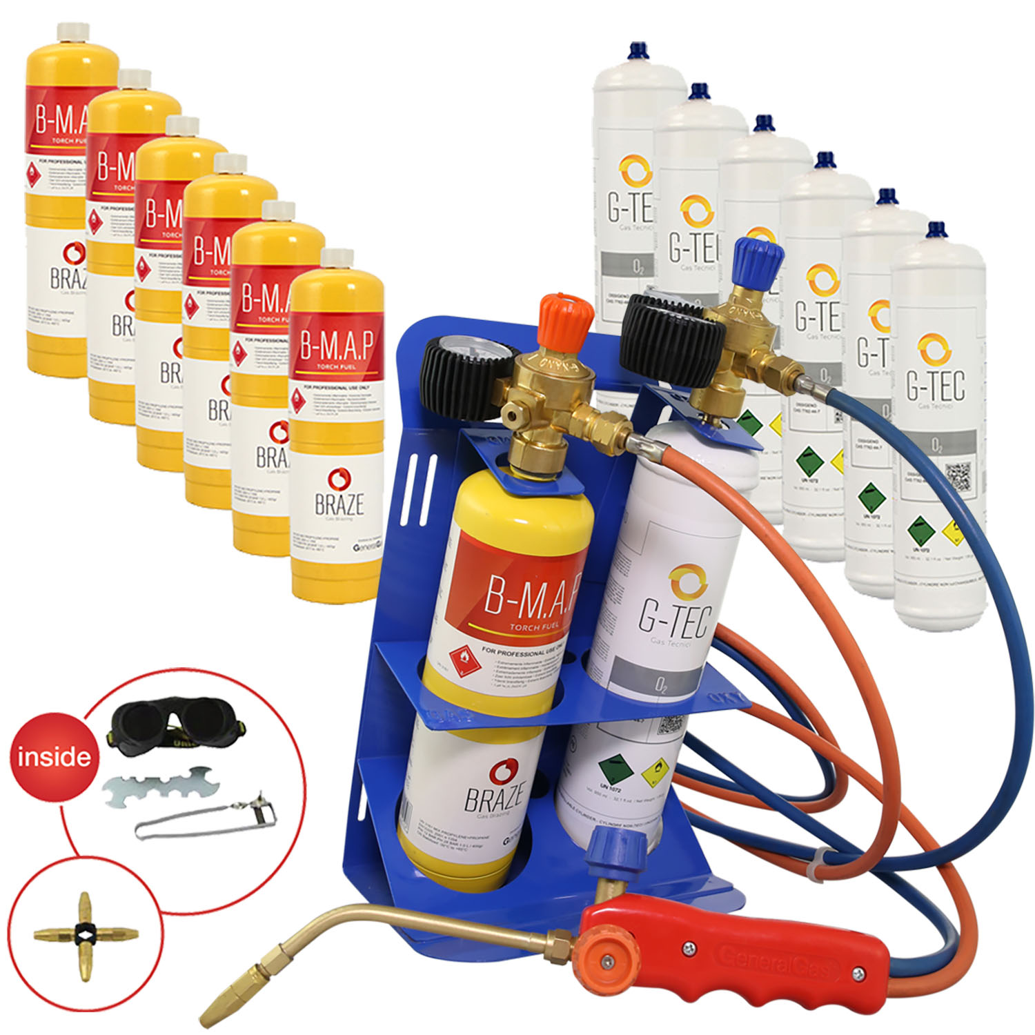 MAXIFLAME Professional Hartlötset + 7 Sauerstoffflaschen + 7 MAP-Flaschen (mit Druckminderern und Manometern) - Temperatur bis 3.100 °C