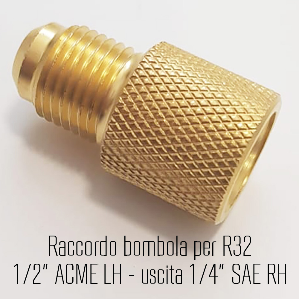 R32 - Ventiladapter mit Innengewinde 1/2 ACME LH (links), Außengewinde 1/4 SAE RH (rechts)