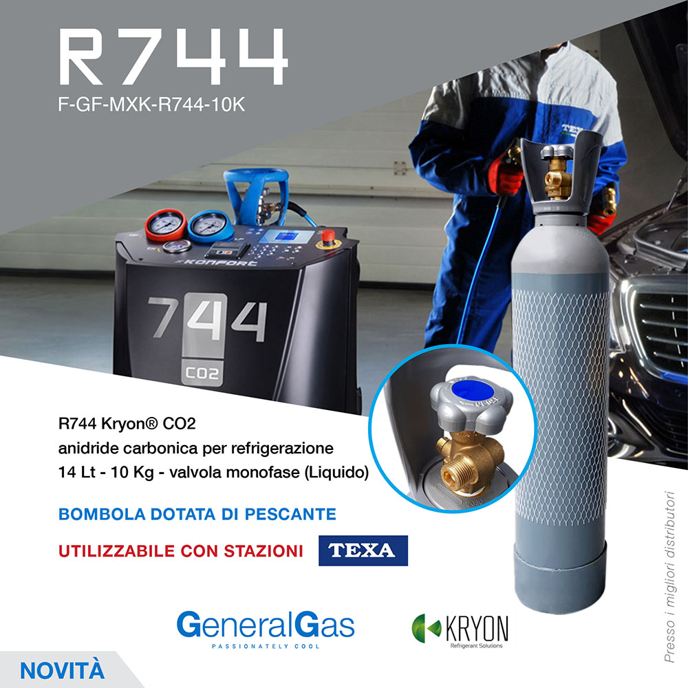 R744 Kryon® (inkl. Zylinder) Autoklimaanlage (CO2 Kohlendioxid-Kühlung für Texa-Tankstellen) - 14 Lt - 10 Kg - mit Tauchrohr und Einphasenventil (flüssig)