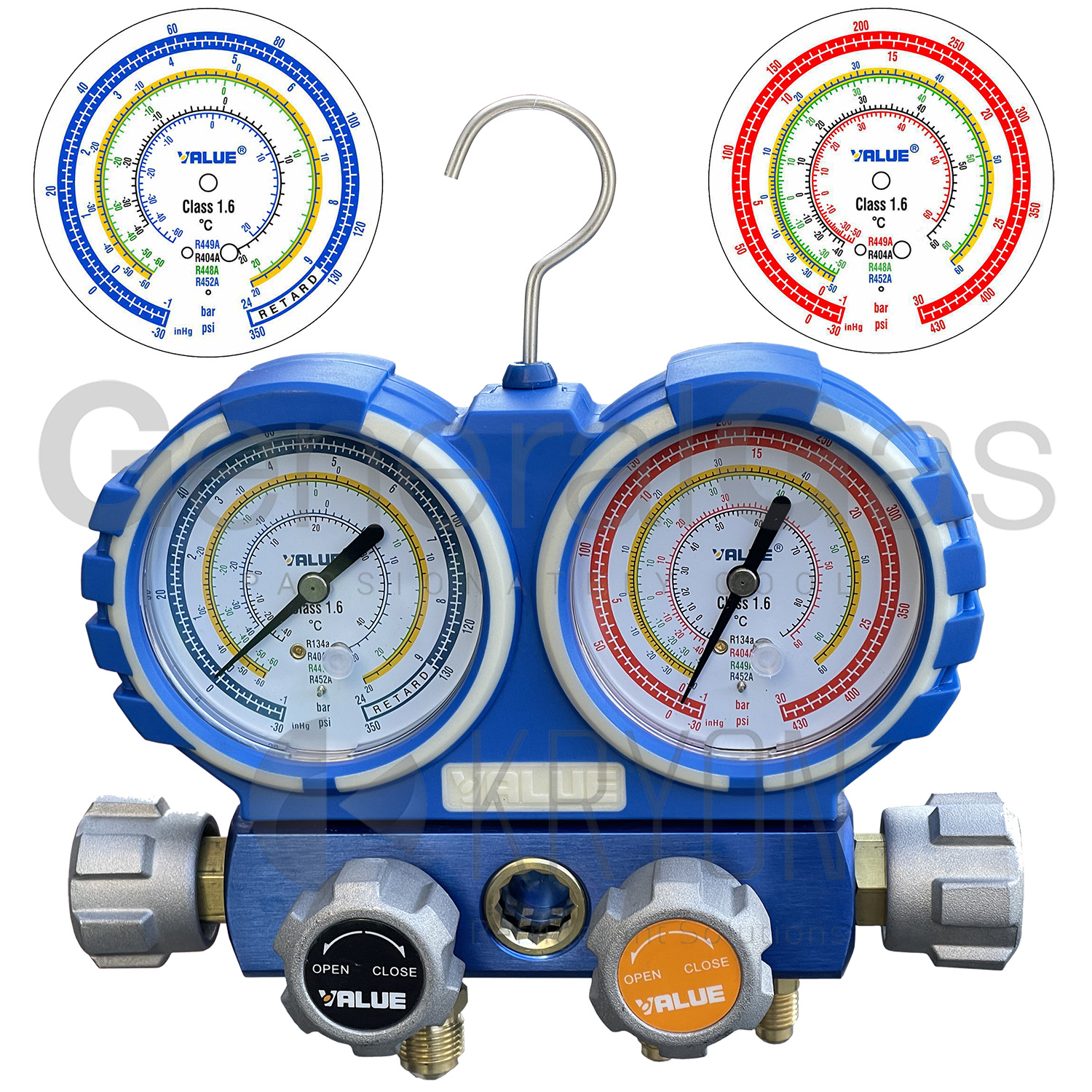 VALUE 4-Wege-Manometereinheit für die Kältetechnik VMG-4-R448-03 - Manometer Ø 80 mm. - R404A, R448A, R449A, R452A - im Koffer - Konformitätserklärung mit Seriennummer des gelieferten Gerätes