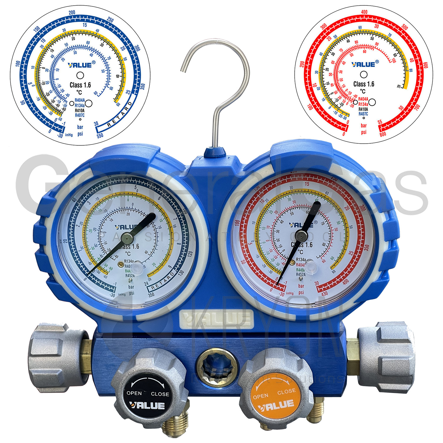 VALUE 4-Wege-Manometereinheit für Kälte- und Klimaanlagen VMG-4-R410-03 - Manometer Ø 80 mm. - R&AC Kälte- und Klimatechnik (R134a, R404A, R410A, R407C) im Koffer - Konformitätserklärung mit Seriennummer des gelieferten Gerätes