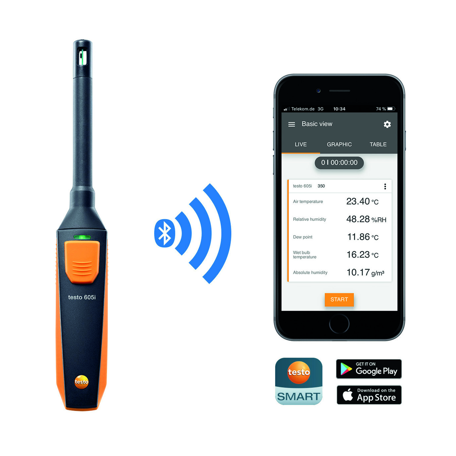 Testo 605i Thermohygrometer, gesteuert über ein Smartphone (kompatibel mit der Testo Smart Probes App)