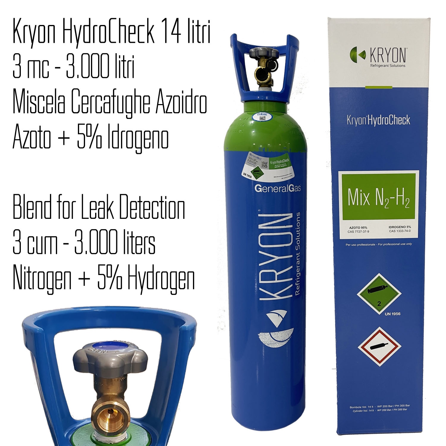 Kryon® HydroCheck Stickstoff/Wasserstoff-Flasche 5% - 14 Liter / 3 Kubikmeter im Karton (HandyGas Service für den Wechsel von leer zu voll)