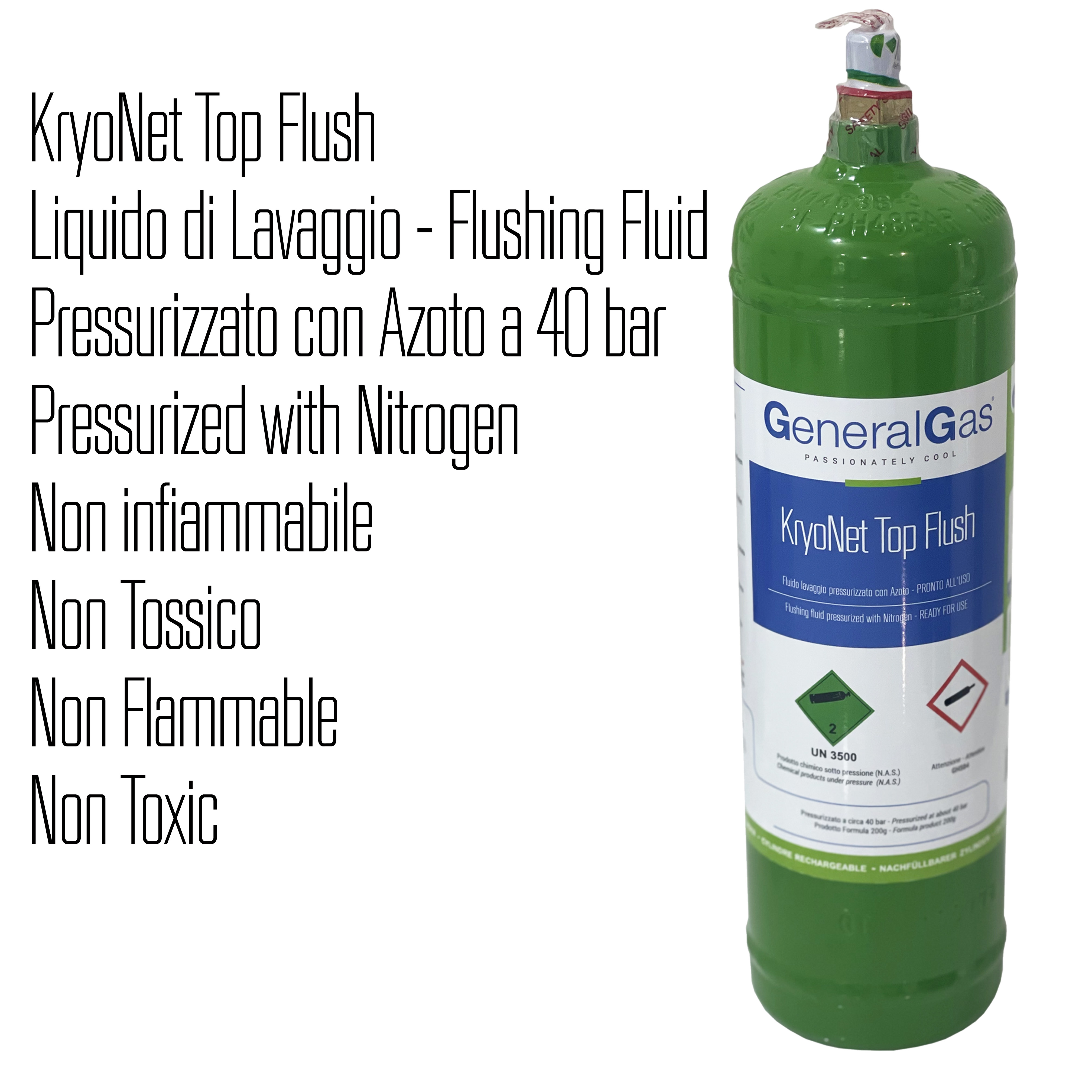 KryoNet TopFlush - nicht brennbare Spülflüssigkeit - mit Stickstoff unter Druck gesetzt 40 bar, gebrauchsfertig - 1,1 Liter Flasche - 48 Bar - AC - Ventil ¼ SAE RH männlich