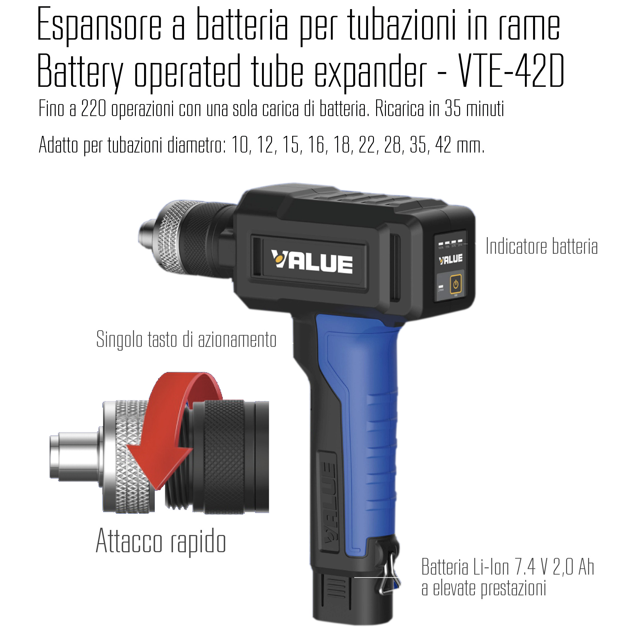 VALUE Batteriebetriebener Kupferrohraufweiter - VTE-42DM geeignet für Rohrdurchmesser 10, 12, 15, 16, 18, 22, 28, 35, 42 mm.  - mit 2 Batterien, im Kunststoffkoffer