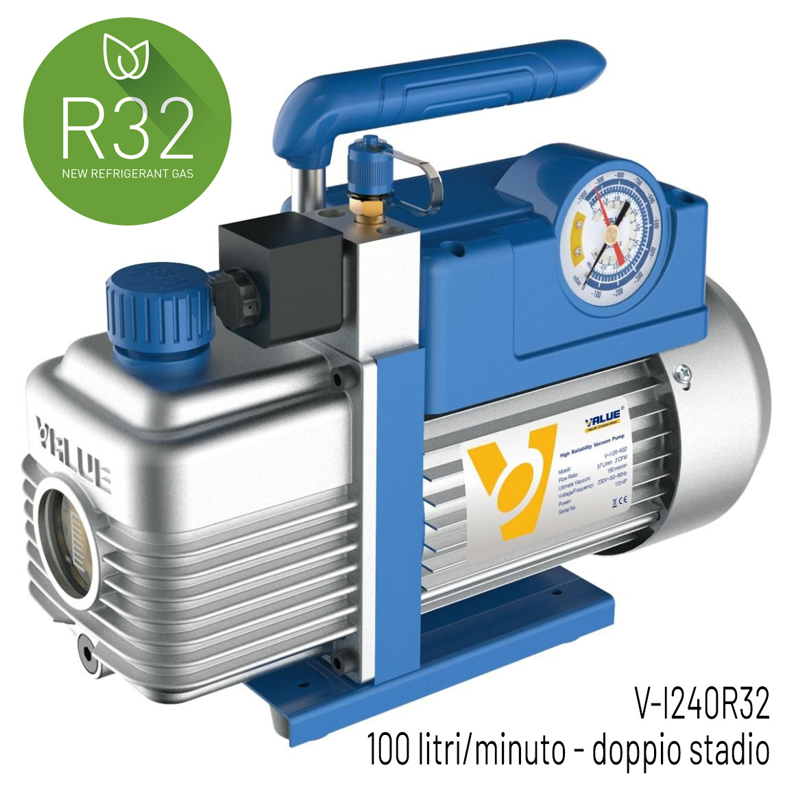 VALUE Zweistufige Vakuumpumpe, auch für A2L geeignet, Fördermenge 100 Liter/Minute, 1/2 HP Motor, Vakuumgrad 2 x10(-2) mbar - 0,02 mbar/2 Pa/15 Mikron - mit Magnetventil und Vakuummeter