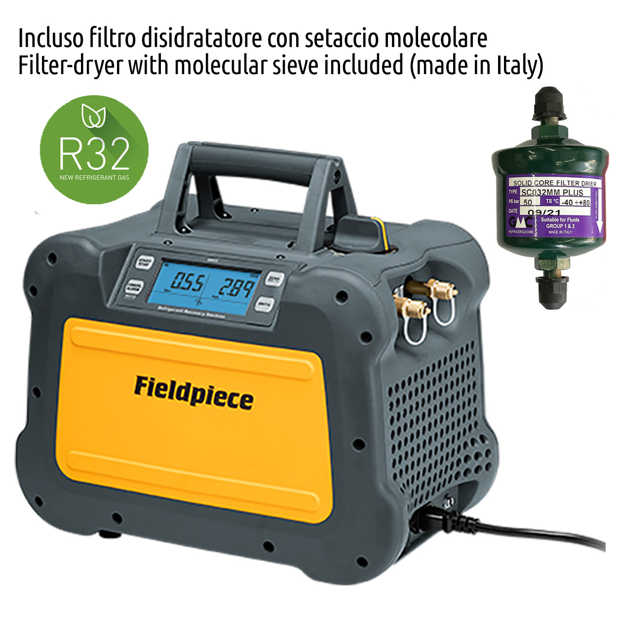 Fieldpiece USA - MR45INT - 1 HP - 0,75 Kw digitales Kältemittel-Rückgewinnungsgerät komplett mit Filtertrockner und Fitting