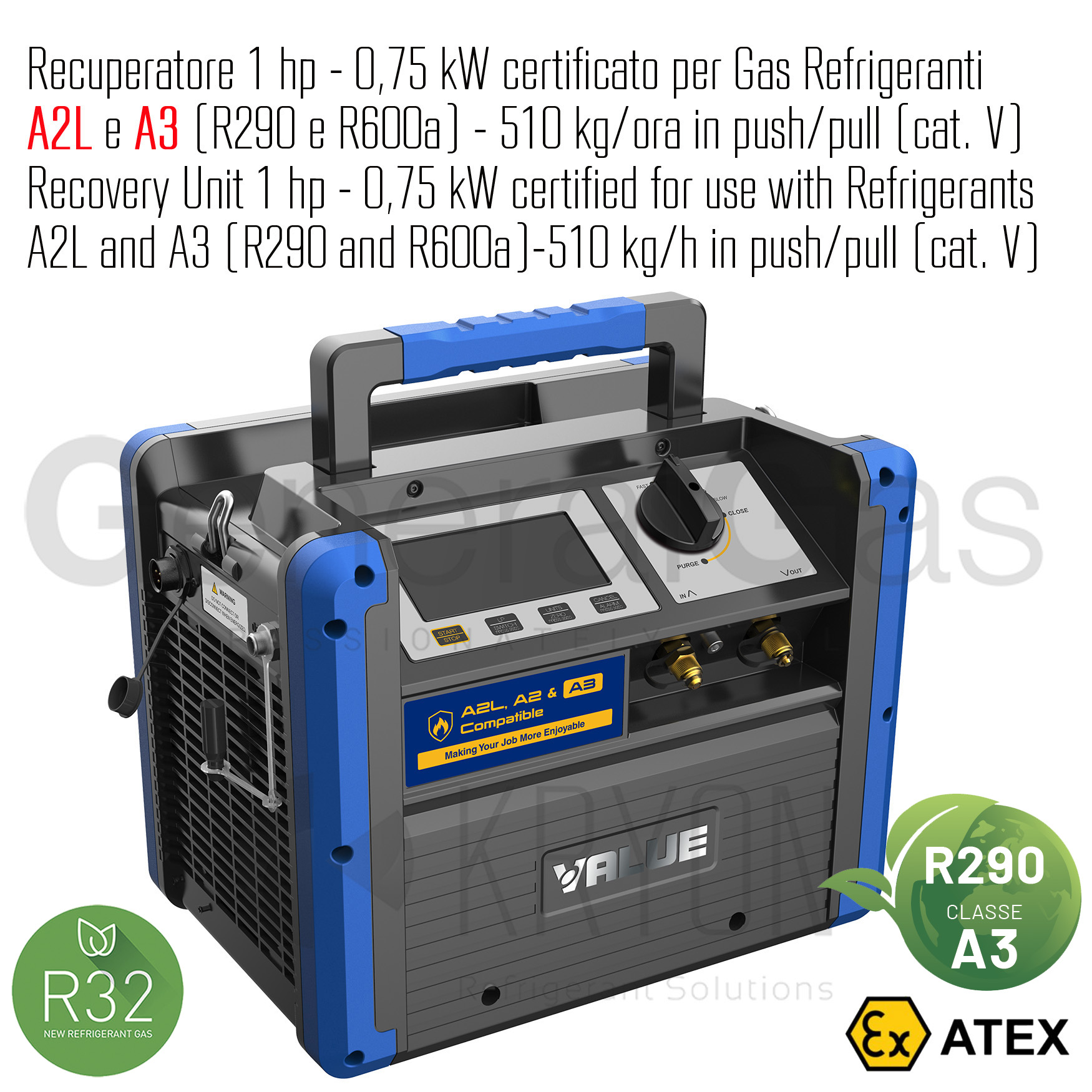 VALUE VRDDF - ATEX-zertifiziertes Kältemittel-Absauggerät für brennbare Gase 1 HP-0,75 KW, 510 kg/Stunde Push/Pull, auch für A2L und A3 Kältemittel (Propan R290) geeignet