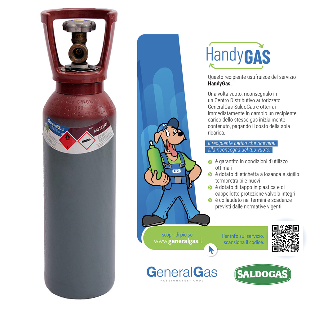 HandyGas ACETILENE-Flasche 5,7 l - 19 bar, komplett mit Ventil und Kappe - gefüllt mit 1 kg Acetylen (HandyGas-Service für sofortigen Wechsel von leer auf voll)