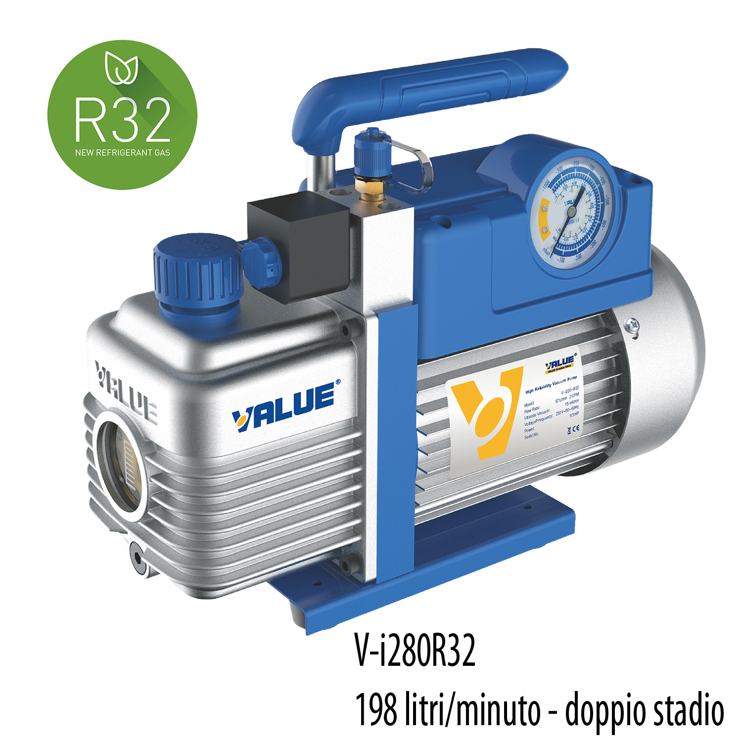 VALUE Zweistufige Vakuumpumpe, auch für R32 und A2L geeignet, Fördermenge 198 Liter/Minute, 1 PS Motor - Vakuumgrad 2 x10(-2) mbar - 0,02 mbar/2 Pa/15 Mikron - mit Magnetventil und Vakuummeter