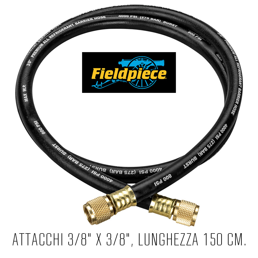 Fieldpiece-Schlauch speziell für Hochvakuum, vierlagig, Anschlüsse dreifach gecrimpt, Farbe schwarz, beidseitig 3/8 Anschlüsse, Länge 150 cm. - Code Feldstück HV1