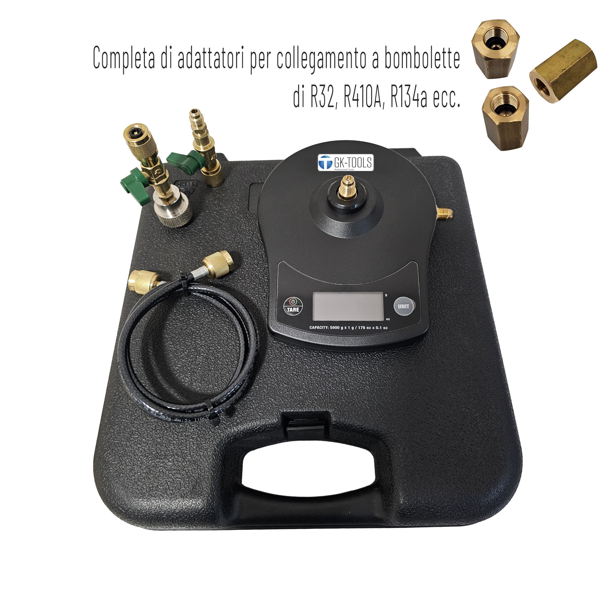 Supergenaue Kältemittel-Füllwaage von GK-Tools, kommt in einem speziell geformten Kunststoffkoffer – kann bis zu 5 kg mit einer Genauigkeit von +/- 1 Gramm wiegen, inklusive 3 Adaptern (R600a, R410A, R407C, R134a).