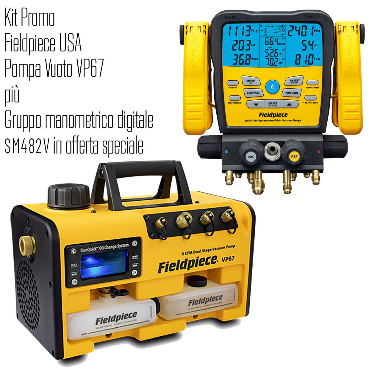 Fieldpiece USA  Kit bestehend aus VP67 Vakuumpumpe 170 Liter/Minute + SM480V INT kabelloses digitale Monteurhilfe mit 4 Anschlüssen und Vakuummeter - inklusive Kalibrierungsbericht