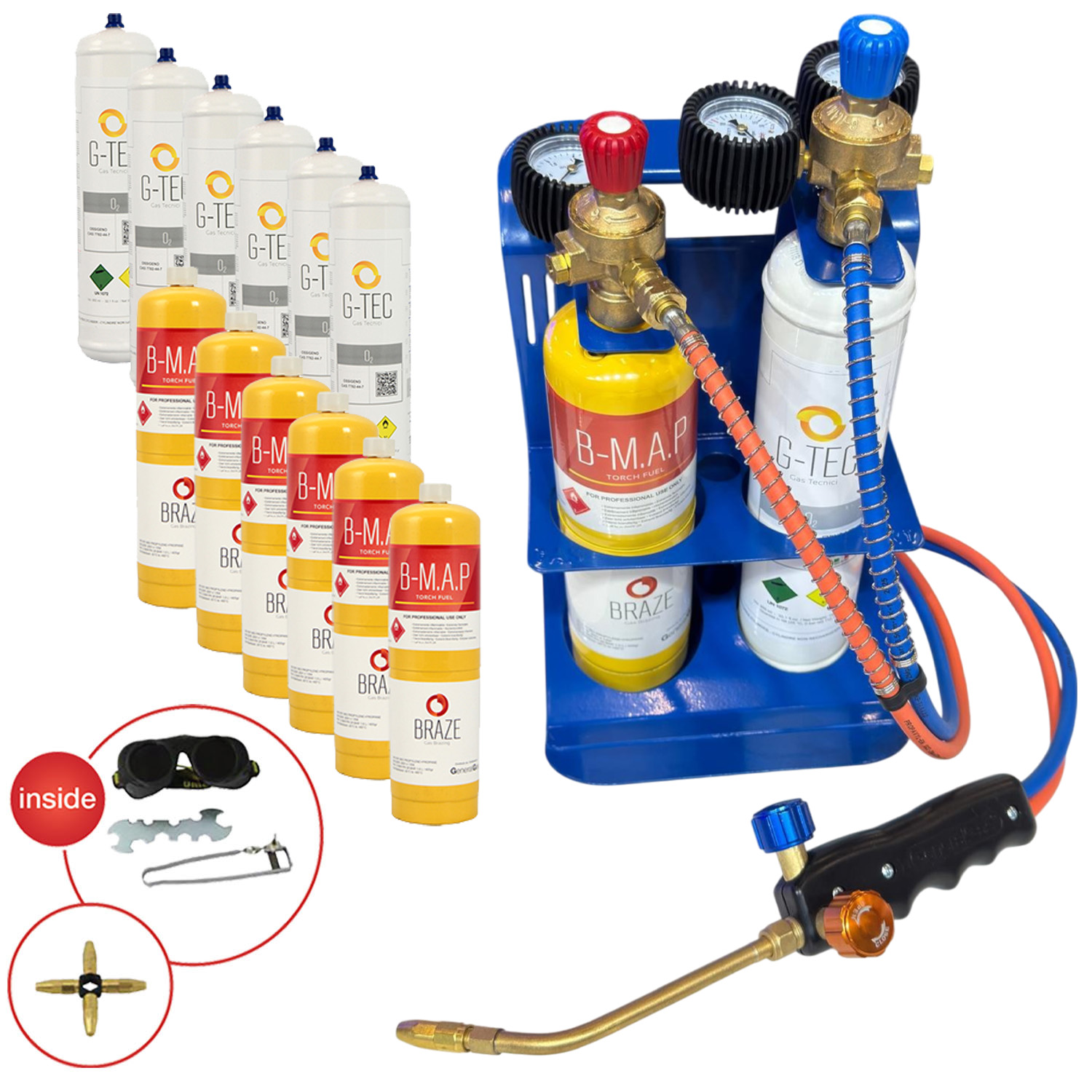 MAXIFLAME Professional Hartlötset + 7 Sauerstoffflaschen + 7 MAP-Flaschen (mit Druckminderern und Manometern) - Temperatur bis 3.100 °C