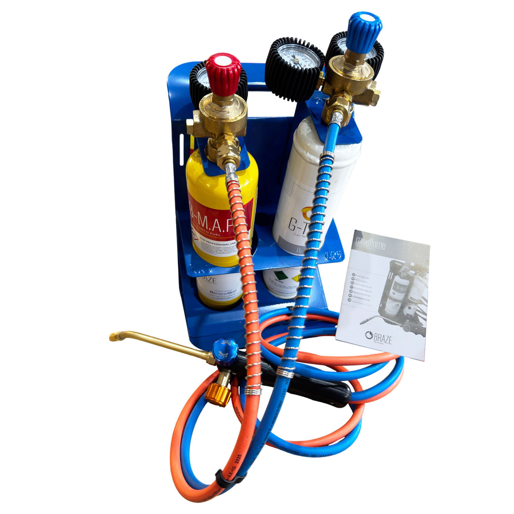 MAXIFLAME Professional Hartlötset mit Druckminderern und Manometern - Sauerstoffflasche und MAP-Flasche (Temperatur bis 3.100 °C)