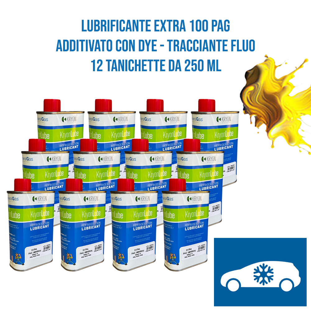 AUTO-Schmiermittel KryonLube EXTRA 100 PAG – mit fluoreszierendem Tracer (Dye) – 12 Metallkanister à 250 ml