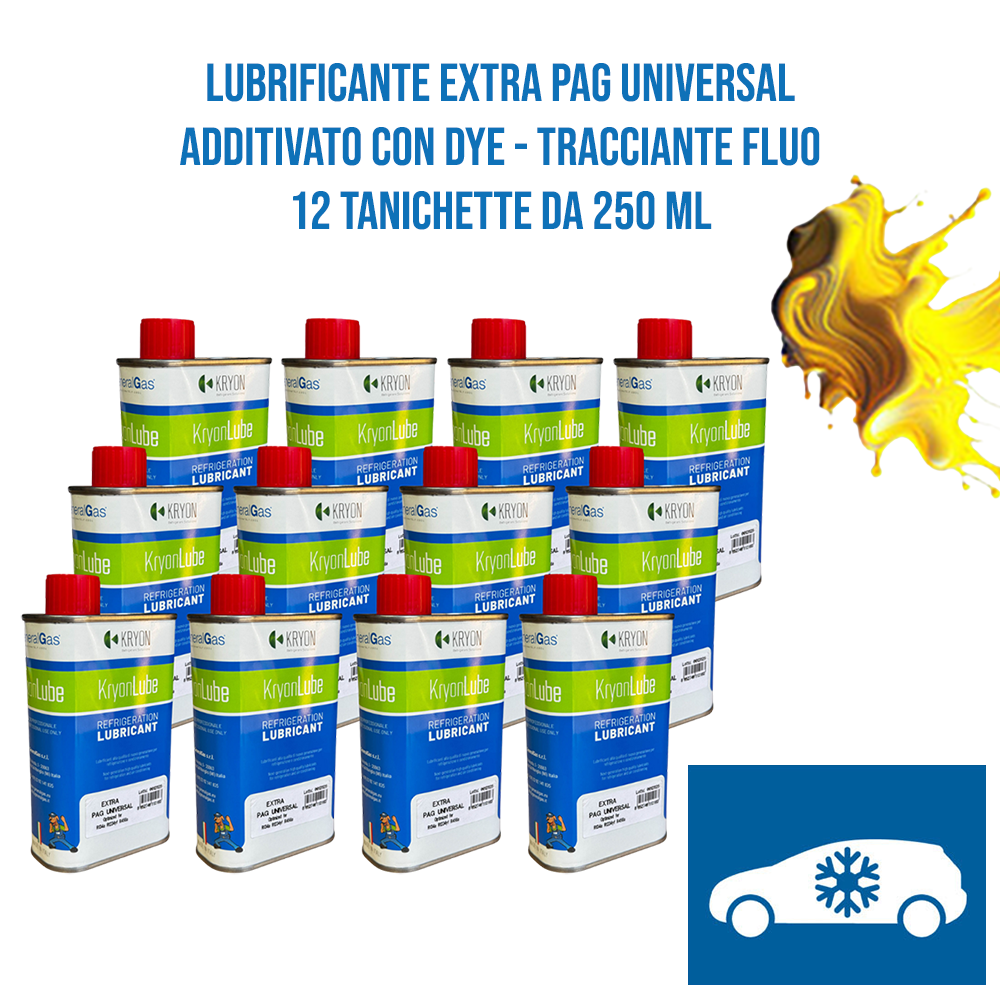 KryonLube EXTRA Universal-PAG-Autoschmiermittel für R134a und R12434yf mit fluoreszierendem Farbstoffzusatz – 12 Stück Metallkanister à 250 ml.