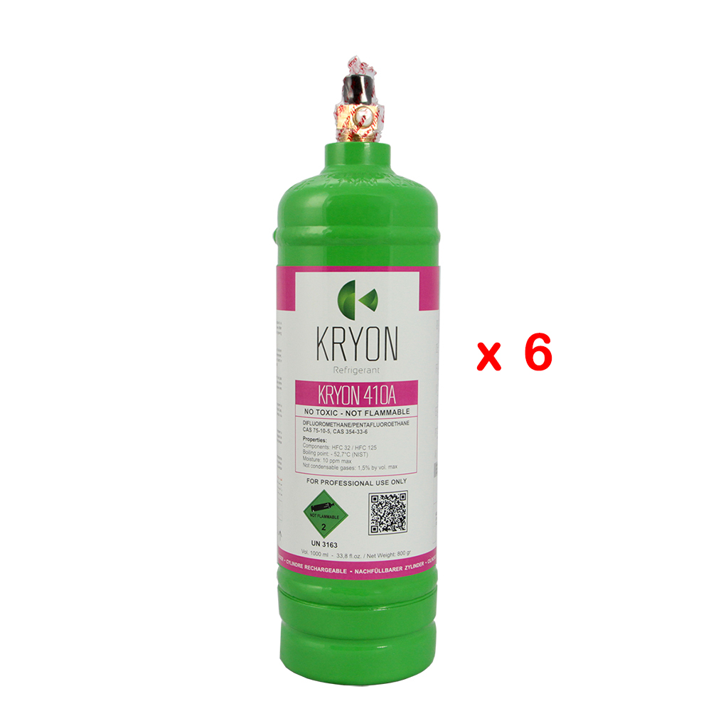 6 x R410A Confezione 6 Bombole KryoSmart - 1 Lt / 0,8 kg. - 48 Bar - acciaio al carbonio - valvola 5/16 SAE RH