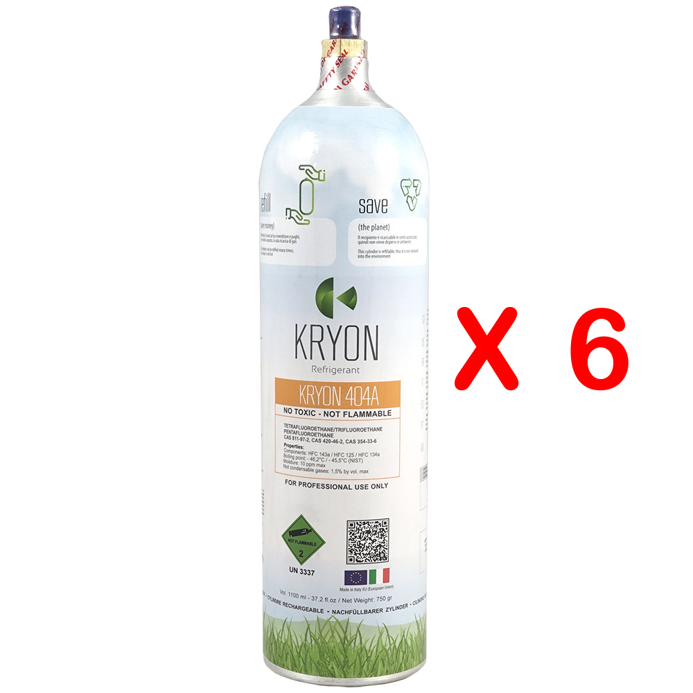 6 x R404A Confezione 6 Bombole KryoSmart Alu di R404A - 1,1 Lt / 0,75 kg. - 48 Bar - alluminio - valvola ¼ SAE RH