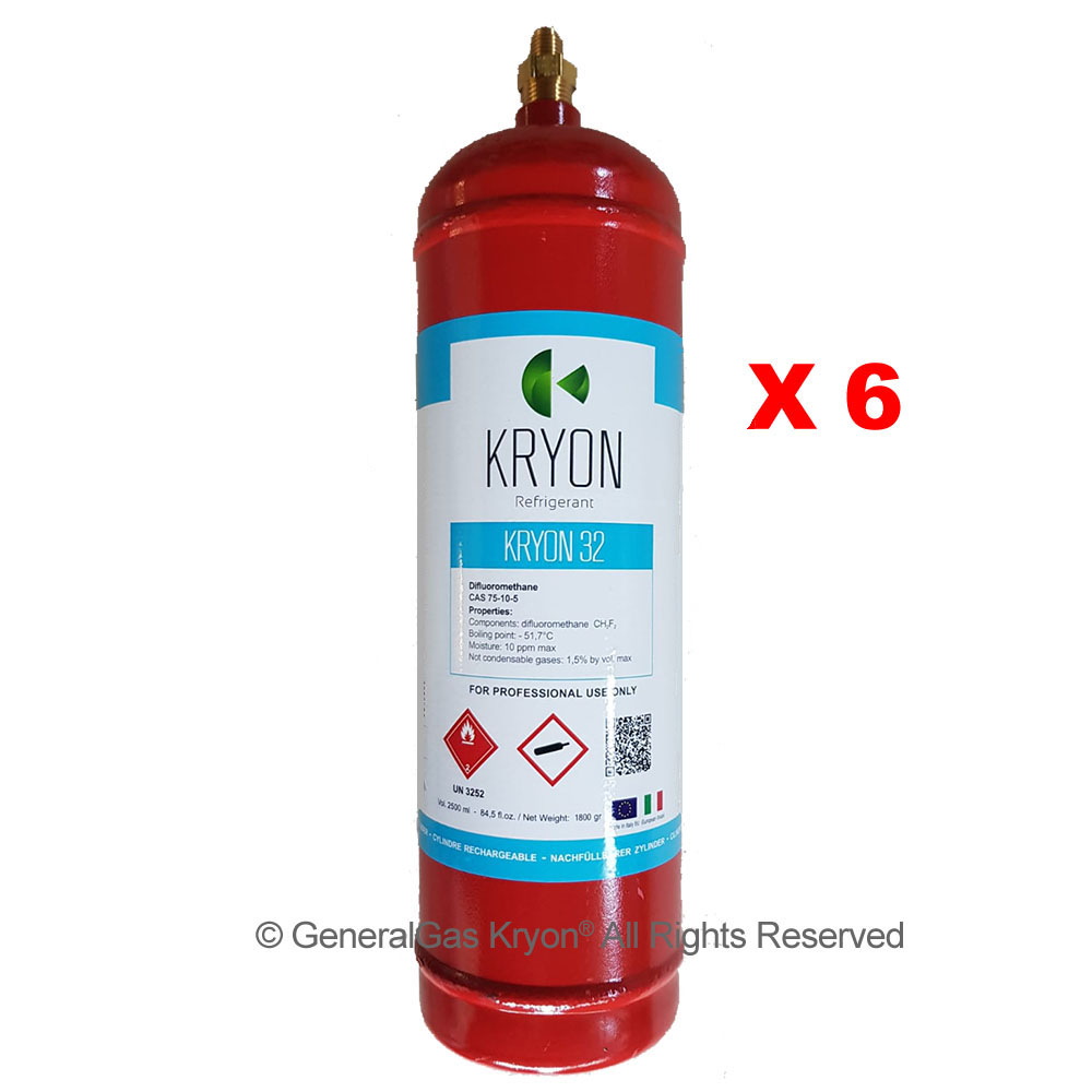 6 x R32 Confezione 6 Bombole KryoSmart 32 - 2,5 Lt/1,8 kg - 48 Bar - AC - valvola ½ 16 ACME LH