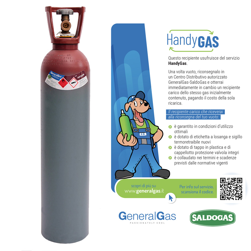 Bombola HandyGas ACETILENE 14 lt, 19 bar, completa di valvola e cappellotto - caricata con 2 kg di acetilene  (usufruisce servizio HandyGas cambio immediato vuoto contro pieno)