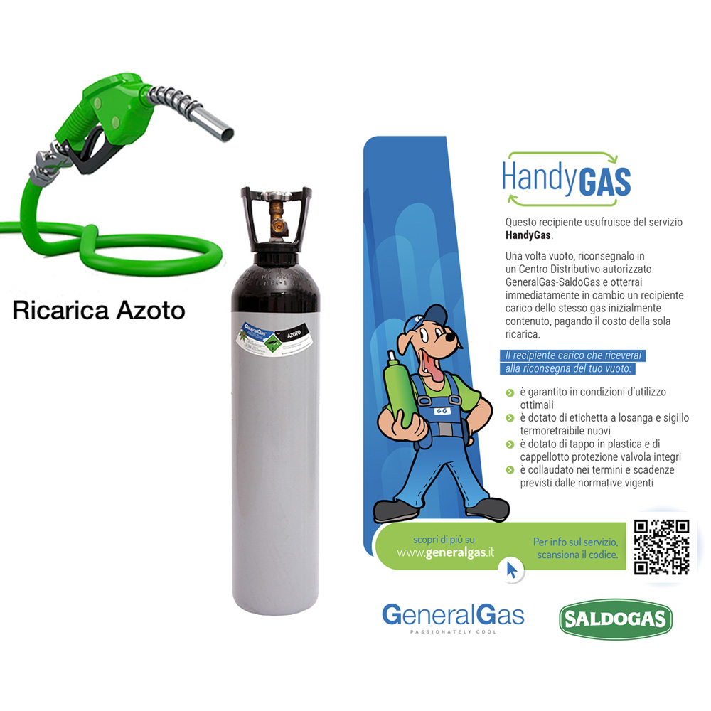 Ricarica HandyGas (cambio immediato vuoto contro pieno) bombola AZOTO 14 lt - 200 bar - 3 mc di azoto tecnico