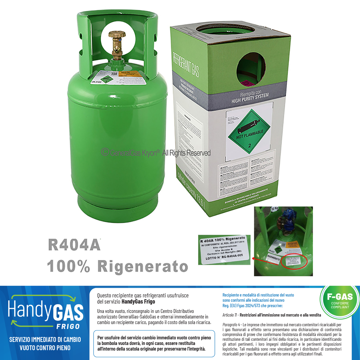 R404A 100% Rigenerato (conforme std. qualitativo AHRI-700) in Bombola Kryobox 13,6 litri / 42 bar - 10 Kg / 42 bar